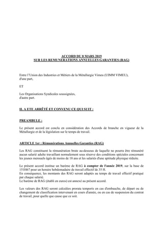 ACCORD DU 8 MARS 2019
SUR LES REMUNERATIONS ANNUELLES GARANTIES (RAG)
Entre l’Union des Industries et Métiers de la Métall...
