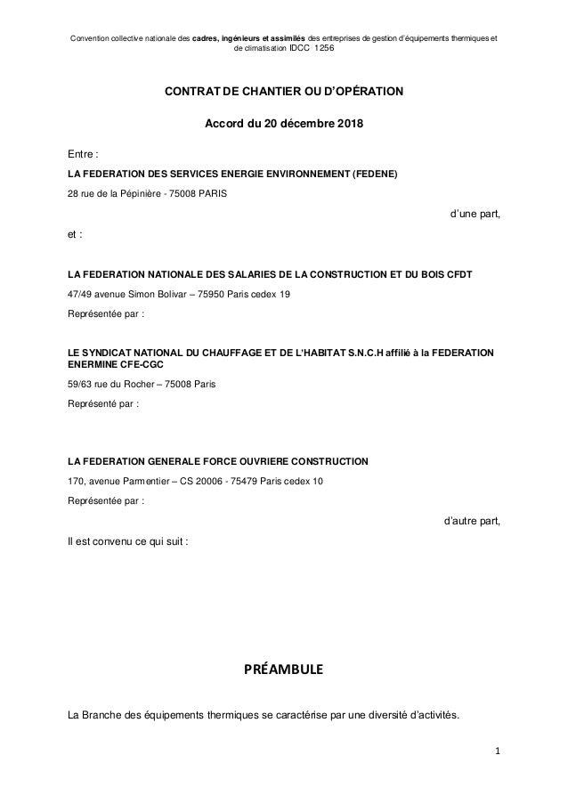 Idcc 1256 accord contrat chantier operation