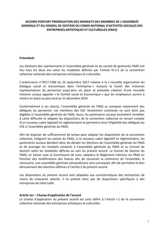 1
ACCORD PORTANT PROROGATION DES MANDATS DES MEMBRES DE L’ASSEMBLÉE
GENERALE ET DU CONSEIL DE GESTION DU FONDS NATIONAL D’...