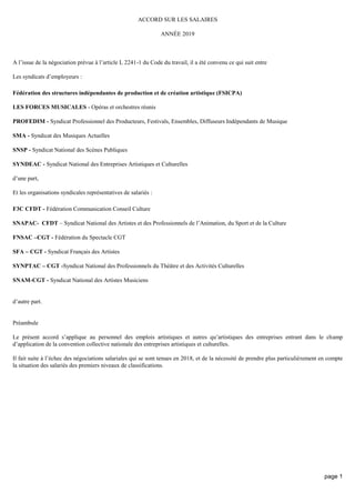 page 1
ACCORD SUR LES SALAIRES
ANNÉE 2019
A l’issue de la négociation prévue à l’article L 2241-1 du Code du travail, il a...