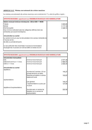 page 3
ARTICLE 2.1.2 : Minima conventionnels des artistes musiciens
Les minima conventionnels des artistes musiciens sont ...
