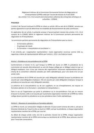 PROJET
Règlement intérieur de la Commission Permanente Paritaire de Négociation et
d’Interprétation (CPPNI) créée par l’ac...