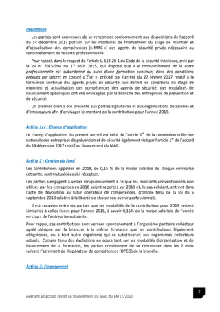 Avenant à l’accord relatif au financement du MAC du 14/12/2017
2
Préambule
Les parties sont convenues de se rencontrer con...