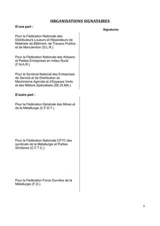 6
ORGANISATIONS SIGNATAIRES
D’une part :
Pour la Fédération Nationale des
Distributeurs Loueurs et Réparateurs de
Matériels de Bâtiment, de Travaux Publics
et de Manutention (D.L.R.)
Pour la Fédération Nationale des Artisans
et Petites Entreprises en milieu Rural
(F.N.A.R.)
Pour le Syndicat National des Entreprises
de Service et de Distribution du
Machinisme Agricole et d’Espaces Verts
et des Métiers Spécialisés (SE.DI.MA.)
D’autre part :
Pour la Fédération Générale des Mines et
de la Métallurgie (C.F.D.T.)
Pour la Fédération Nationale CFTC des
syndicats de la Métallurgie et Parties
Similaires (C.F.T.C.)
Pour la Fédération Force Ouvrière de la
Métallurgie (F.O.)
Signatures
 