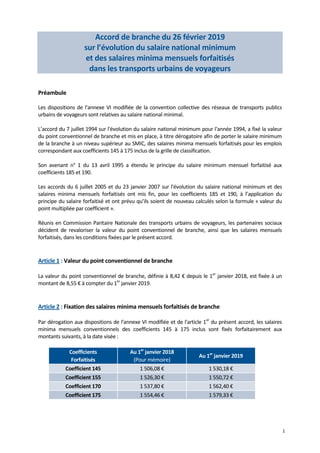 1
Accord de branche du 26 février 2019
sur l’évolution du salaire national minimum
et des salaires minima mensuels forfait...