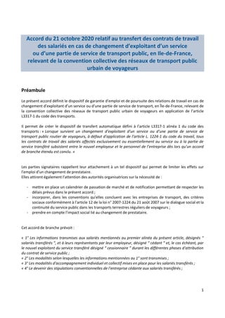 1
Accord du 21 octobre 2020 relatif au transfert des contrats de travail
des salariés en cas de changement d’exploitant d’...