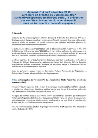 1
Avenant n° 4 du 3 décembre 2019
à l’accord de branche du 3 décembre 2007
sur le développement du dialogue social, la pré...