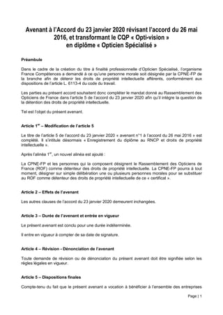 Page | 1
Avenant à l’Accord du 23 janvier 2020 révisant l’accord du 26 mai
2016, et transformant le CQP « Opti-vision »
en...