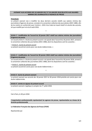 1/2
AVENANT AUX ACCORDS DES 18 JANVIER 2017 ET 30 JANVIER 2018 RELATIFS AUX SALAIRES
MINIMA DES JOURNALISTES D’AGENCES DE ...