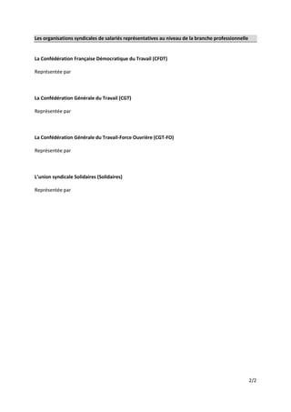 2/2
Les organisations syndicales de salariés représentatives au niveau de la branche professionnelle
La Confédération Fran...