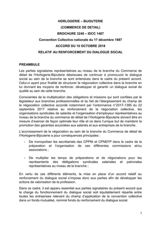 PROJET
1
HORLOGERIE – BIJOUTERIE
(COMMERCE DE DETAIL)
BROCHURE 3240 – IDCC 1487
Convention Collective nationale du 17 déce...