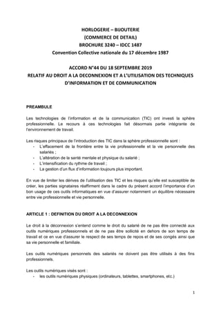 1
HORLOGERIE – BIJOUTERIE
(COMMERCE DE DETAIL)
BROCHURE 3240 – IDCC 1487
Convention Collective nationale du 17 décembre 19...