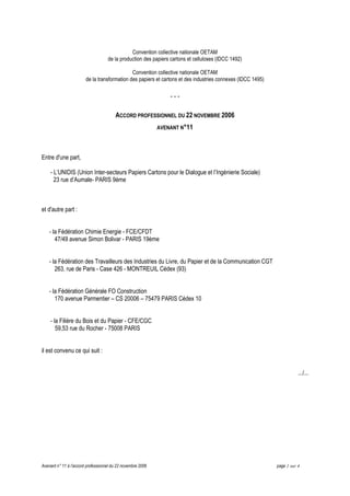 Avenant n° 11 à l’accord professionnel du 22 novembre 2006 page 1 sur 4
Convention collective nationale OETAM
de la produc...