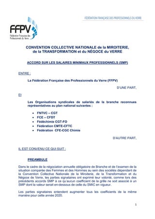 1
CONVENTION COLLECTIVE NATIONALE de la MIROITERIE,
de la TRANSFORMATION et du NÉGOCE du VERRE
ACCORD SUR LES SALAIRES MIN...