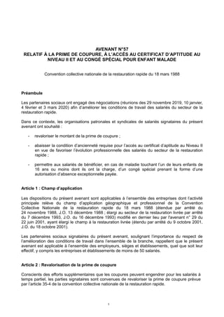 1
AVENANT N°57
RELATIF À LA PRIME DE COUPURE, À L’ACCÈS AU CERTIFICAT D’APTITUDE AU
NIVEAU II ET AU CONGÉ SPÉCIAL POUR ENF...