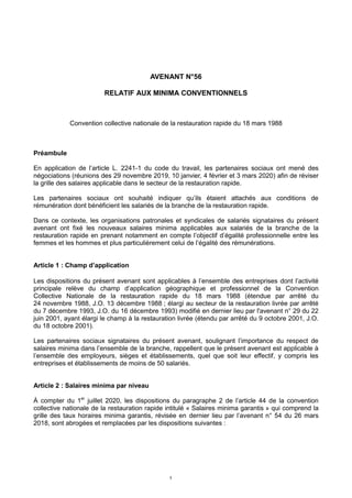 1
AVENANT N°56
RELATIF AUX MINIMA CONVENTIONNELS
Convention collective nationale de la restauration rapide du 18 mars 1988...