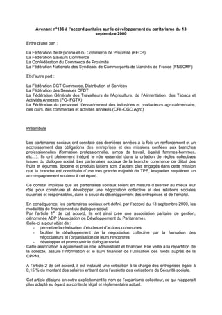 Avenant n°136 à l’accord paritaire sur le développement du paritarisme du 13
septembre 2000
Entre d’une part :
La Fédérati...