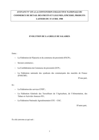 1
AVENANT N° 135 A LA CONVENTION COLLECTIVE NATIONALE DU
COMMERCE DE DETAIL DES FRUITS ET LEGUMES, EPICERIE, PRODUITS
LAIT...