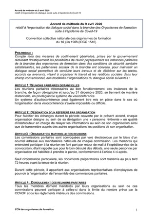 Projet patronal /04
Accord de méthode du 9 avril 2020
relatif à l’organisation du dialogue social suite à l’épidémie de Co...