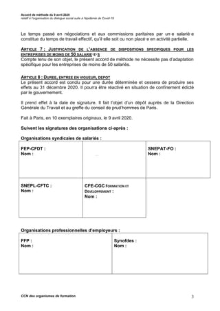 Projet patronal /04
Accord de méthode du 9 avril 2020
relatif à l’organisation du dialogue social suite à l’épidémie de Co...