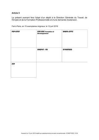 Avenant du 12 juin 2018 relatif aux salairesminima annuels conventionnels- CCNOF IDCC 1516
Article 5
Le présent avenant fe...