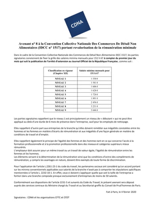 Avenant n° 8 à la Convention Collective Nationale Des Commerces De Détail Non
Alimentaires (IDCC n° 1517) portant revalori...
