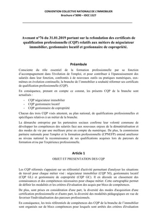 CONVENTION COLLECTIVE NATIONALE DE L’IMMOBILIER
Brochure n°3090 – IDCC 1527
______________________________________________...
