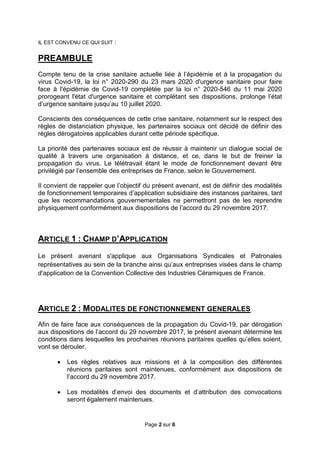 Page 2 sur 6
IL EST CONVENU CE QUI SUIT :
PREAMBULE
Compte tenu de la crise sanitaire actuelle liée à l’épidémie et à la p...