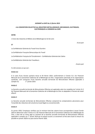AVENANT en DATE du 11 février 2019
à la CONVENTION COLLECTIVE des INDUSTRIES METALLURGIQUES, MECANIQUES, ELECTRIQUES,
ELEC...