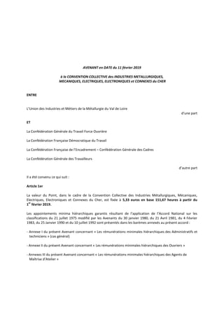 AVENANT en DATE du 11 février 2019
à la CONVENTION COLLECTIVE des INDUSTRIES METALLURGIQUES,
MECANIQUES, ELECTRIQUES, ELEC...