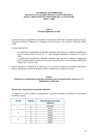 1/5
ACCORD DU 24 FEVRIER 2020
RELATIF AUX SALAIRES MINIMA CONVENTIONNELS
DANS LA BRANCHE DE L’INDUSTRIE DE LA CHAUSSURE
(I...