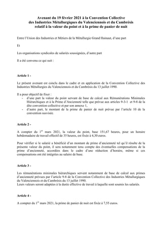 Avenant du 19 février 2021 à la Convention Collective
des Industries Métallurgiques du Valenciennois et du Cambrésis
relat...