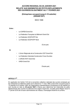 Page 1/4
ACCORD REGIONAL DU 26 JANVIER 2021
RELATIF AUX INDEMNITES DE PETITS DEPLACEMENTS
DES OUVRIERS DU BATIMENT AU 1er
...