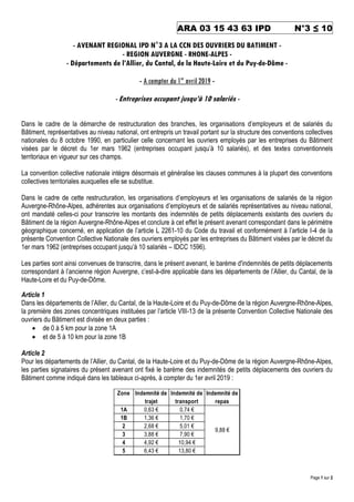 ARA 03 15 43 63 IPD SAL N°3 ≤ 10
Page 1 sur 2
- AVENANT REGIONAL IPD N°3 A LA CCN DES OUVRIERS DU BATIMENT -
- REGION AUVE...