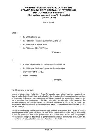 Page 1/4
AVENANT REGIONAL N°2 DU 17 JANVIER 2019
RELATIF AUX SALAIRES MINIMA AU 1er
FEVRIER 2019
DES OUVRIERS DU BATIMENT
...