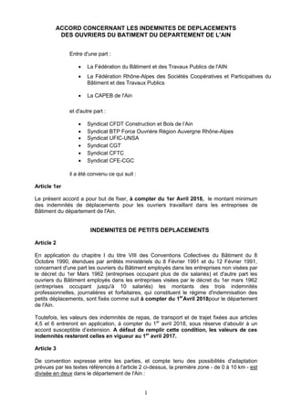 1
ACCORD CONCERNANT LES INDEMNITES DE DEPLACEMENTS
DES OUVRIERS DU BATIMENT DU DEPARTEMENT DE L'AIN
Entre d'une part :
 L...