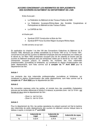 1
ACCORD CONCERNANT LES INDEMNITES DE DEPLACEMENTS
DES OUVRIERS DU BATIMENT DU DEPARTEMENT DE L'AIN
Entre d'une part :
 L...