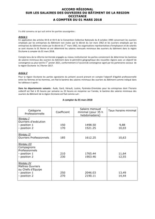 ACCORD RÉGIONAL
SUR LES SALAIRES DES OUVRIERS DU BÂTIMENT DE LA REGION
OCCITANIE
A COMPTER DU 01 MARS 2018
II a été convenu ce qui suit entre les parties soussignées :
Article 1
En application des articles XII-8 et XII-9 de la Convention Collective Nationale du 8 octobre 1990 concernant les ouvriers
employés par les entreprises du Bâtiment non visées par le décret du 1er mars 1962 et les ouvriers employés par les
entreprises du bâtiment visées par le décret du 1
er
mars 1962, les organisations représentatives d’employeurs et de salariés
se sont réunies le 01 février et ont déterminé les salaires mensuels minimaux des ouvriers du bâtiment dans la région
Occitanie à compter du 01 mars 2018.
Compte tenu de la réforme territoriale engagée au niveau institutionnel les parties conviennent de déterminer les barèmes
de salaires minimaux des ouvriers du bâtiment dans le périmètre géographique des nouvelles régions avec un objectif de
convergence au plus tard le 1
er
janvier 2021, conformément à l’accord de convergence signé par les partenaires sociaux de
la région Occitanie le 2 février 2017.
Article 2
Pour la région Occitanie les parties signataires du présent accord prenant en compte l’objectif d’égalité professionnelle
entre les femmes et les hommes, ont fixé le barème des salaires minimaux des ouvriers du Bâtiment comme indiqué dans
les tableaux ci-après :
Dans les départements suivants : Aude, Gard, Hérault, Lozère, Pyrénées-Orientales pour les entreprises dont l’horaire
collectif est fixé à 35 heures par semaine ou 35 heures en moyenne sur l’année, le barème des salaires minimaux des
ouvriers du Bâtiment de la région Occitanie est fixé comme suit :
A compter du 01 mars 2018
Catégorie
Professionnelle
Coefficient
Salaire mensuel
minimal (pour 35 h
hebdomadaire)
Taux horaire minimal
Niveau I
Ouvriers d’exécution
- position 1
- position 2
150
170
1498.50
1521.25
9,88
10,03
Niveau II
Ouvriers Professionnels 185 1612.25 10,63
Niveau III
Compagnons
Professionnels
- position 1
- position 2
210
230
1765.44
1903.46
11,64
12,55
Niveau IV
Maîtres Ouvriers
ou Chefs d’Equipe
- position 1
- position 2
250
270
2046.03
2190.11
13,49
14,44
 