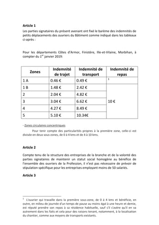 Article 1
Les parties signataires du présent avenant ont fixé le barème des indemnités de
petits déplacements des ouvriers...