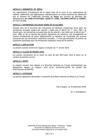 Indemnités de Petits Déplacements (Repas – Transports - Trajets)
des Ouvriers du Bâtiment des Pays de la Loire
Commission ...