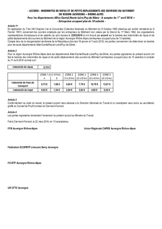 - ACCORD : INDEMNITES DE REPAS ET DE PETITS DEPLACEMENTS DES OUVRIERS DU BATIMENT
EN REGION AUVERGNE – RHONE-ALPES
Pour le...