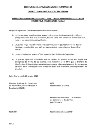 CONVENTION COLLECTIVE NATIONALE DES ENTREPRISES DE
DESINFECTION DESINSECTISATION DERATISATION
ACCORD SUR UN AVENANT A L’AR...