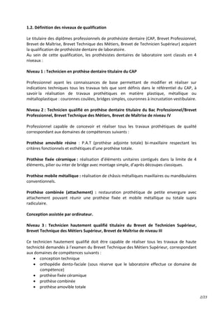 2/23
1.2. Définition des niveaux de qualification
Le titulaire des diplômes professionnels de prothésiste dentaire (CAP, B...