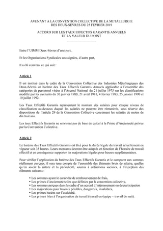 AVENANT A LA CONVENTION COLLECTIVE DE LA METALLURGIE
DES DEUX-SEVRES DU 25 FEVRIER 2019
ACCORD SUR LES TAUX EFFECTIFS GARA...