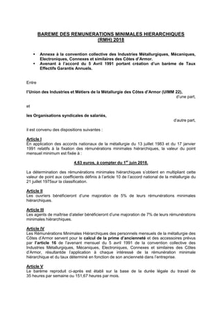 BAREME DES REMUNERATIONS MINIMALES HIERARCHIQUES
(RMH) 2018
 Annexe à la convention collective des Industries Métallurgiq...