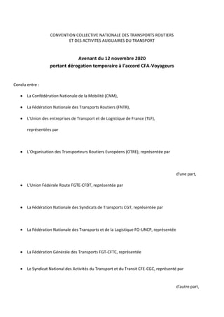 CONVENTION COLLECTIVE NATIONALE DES TRANSPORTS ROUTIERS
ET DES ACTIVITES AUXILIAIRES DU TRANSPORT
Avenant du 12 novembre 2...