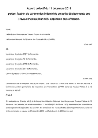 Accord collectif du 11 décembre 2019
portant fixation du barème des indemnités de petits déplacements des
Travaux Publics ...