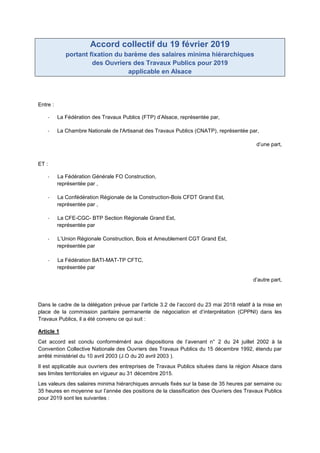 Accord collectif du 19 février 2019
portant fixation du barème des salaires minima hiérarchiques
des Ouvriers des Travaux ...