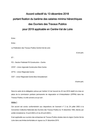 Accord collectif du 13 décembre 2018
portant fixation du barème des salaires minima hiérarchiques
des Ouvriers des Travaux...