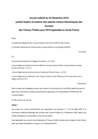 Accord collectif du 03 Décembre 2018
portant fixation du barème des salaires minima hiérarchiques des
Ouvriers
des Travaux...